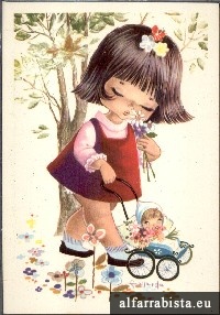 Postal Antigo - Menina com carrinho de boneca
